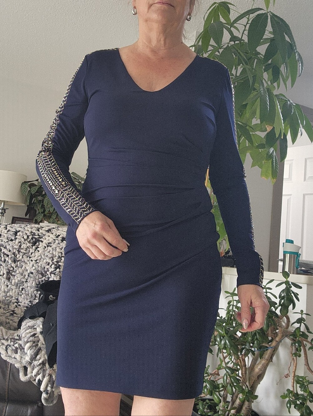 Guess Navy Mini Dress with Beaded Sleeve Accents
